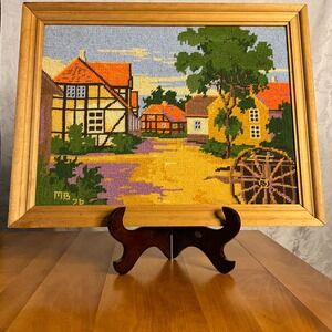 Vintage 1976 Framed Bucilla‎ Needlepoint Tapestry Village Folk Art Cottagecore